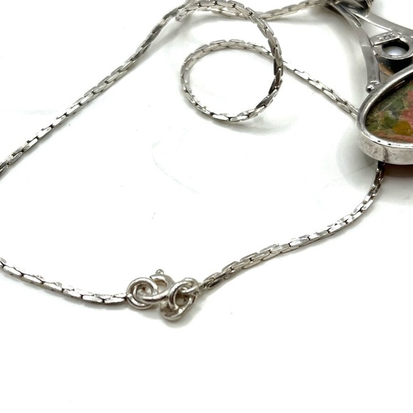 Vintage Large Green Orange Unakite Jasper Pearl Sterling Silver Necklace Pendant - Picture 7 of 13